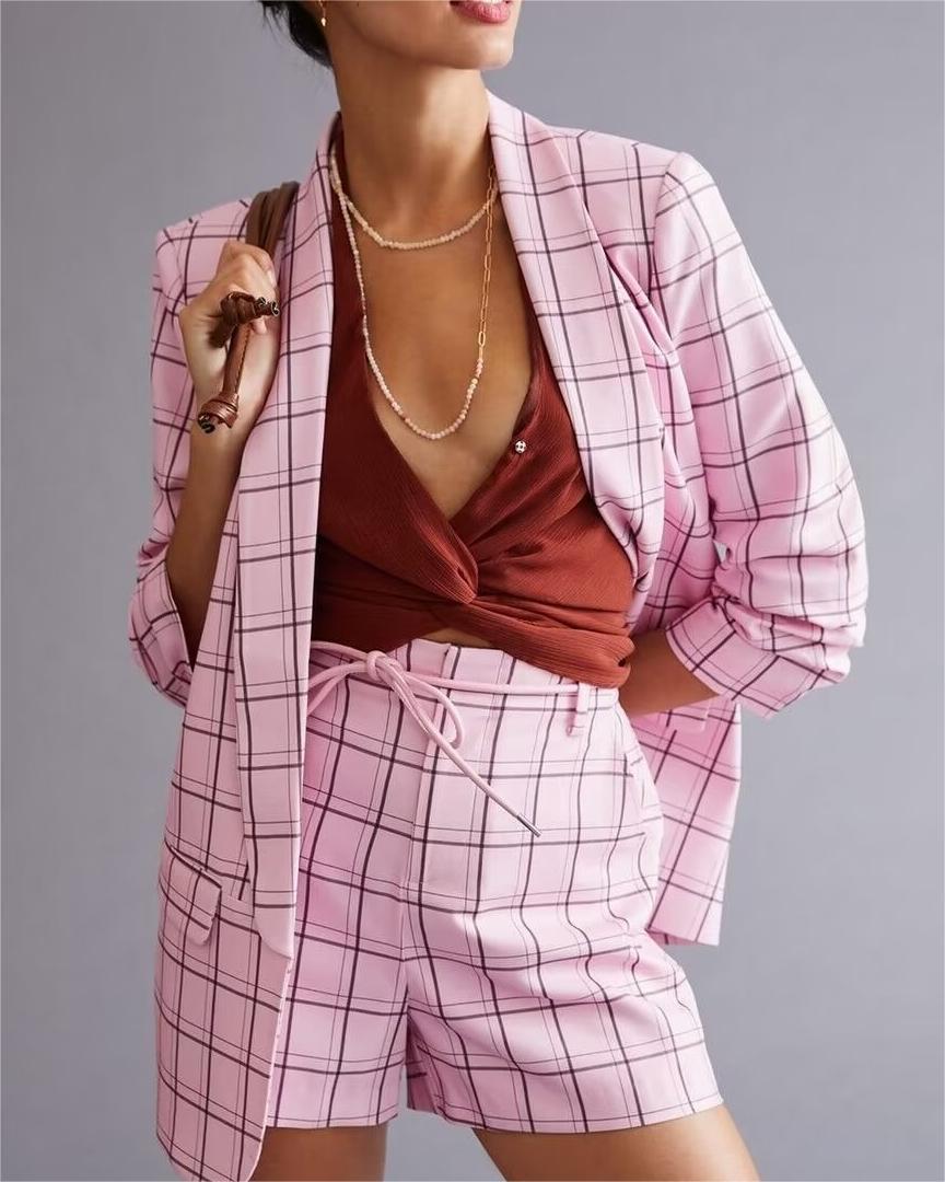 Pink Plaid Nine Quarter Sleeve Blazer