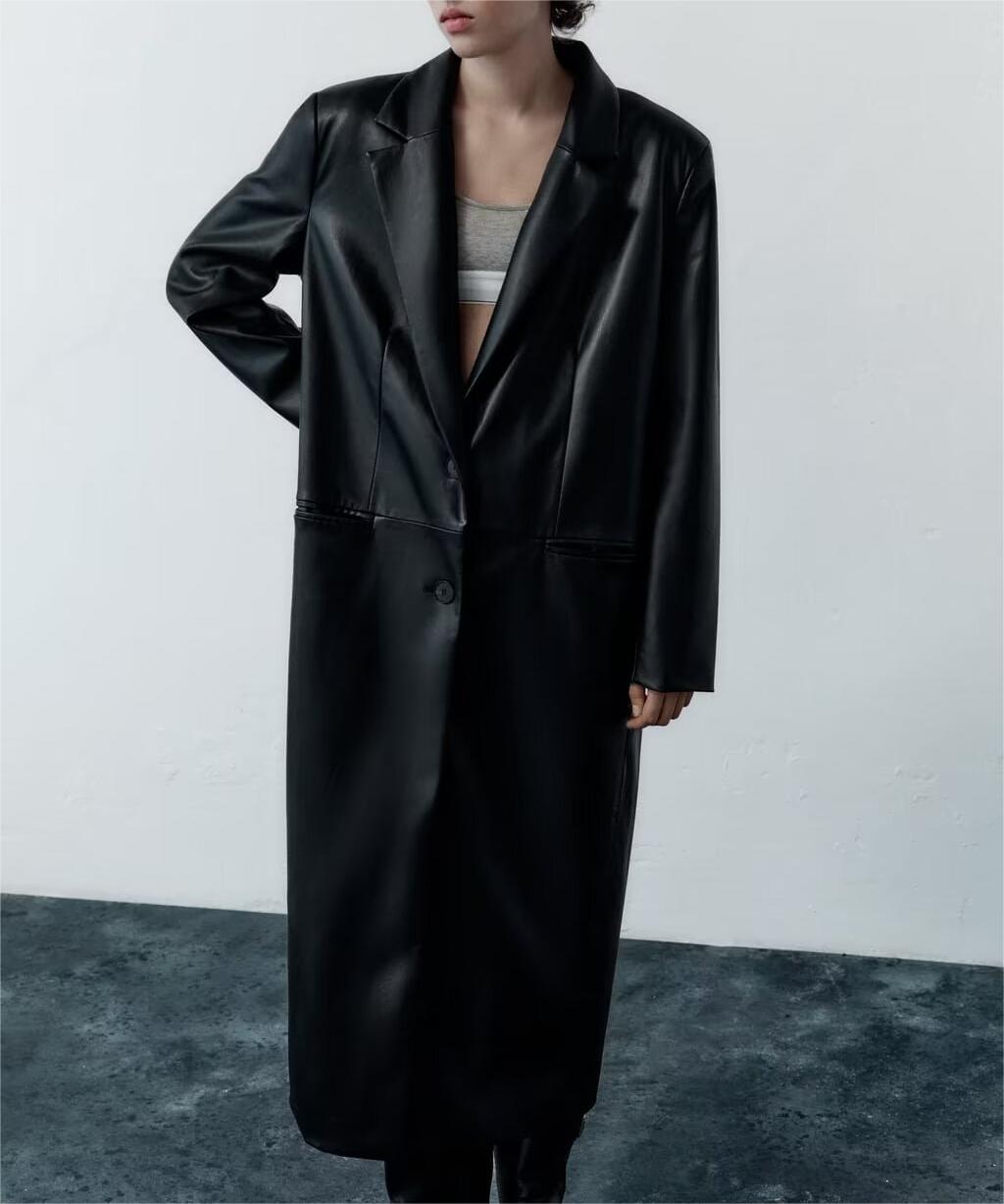 Faux Leather Long Sleeve Overcoat