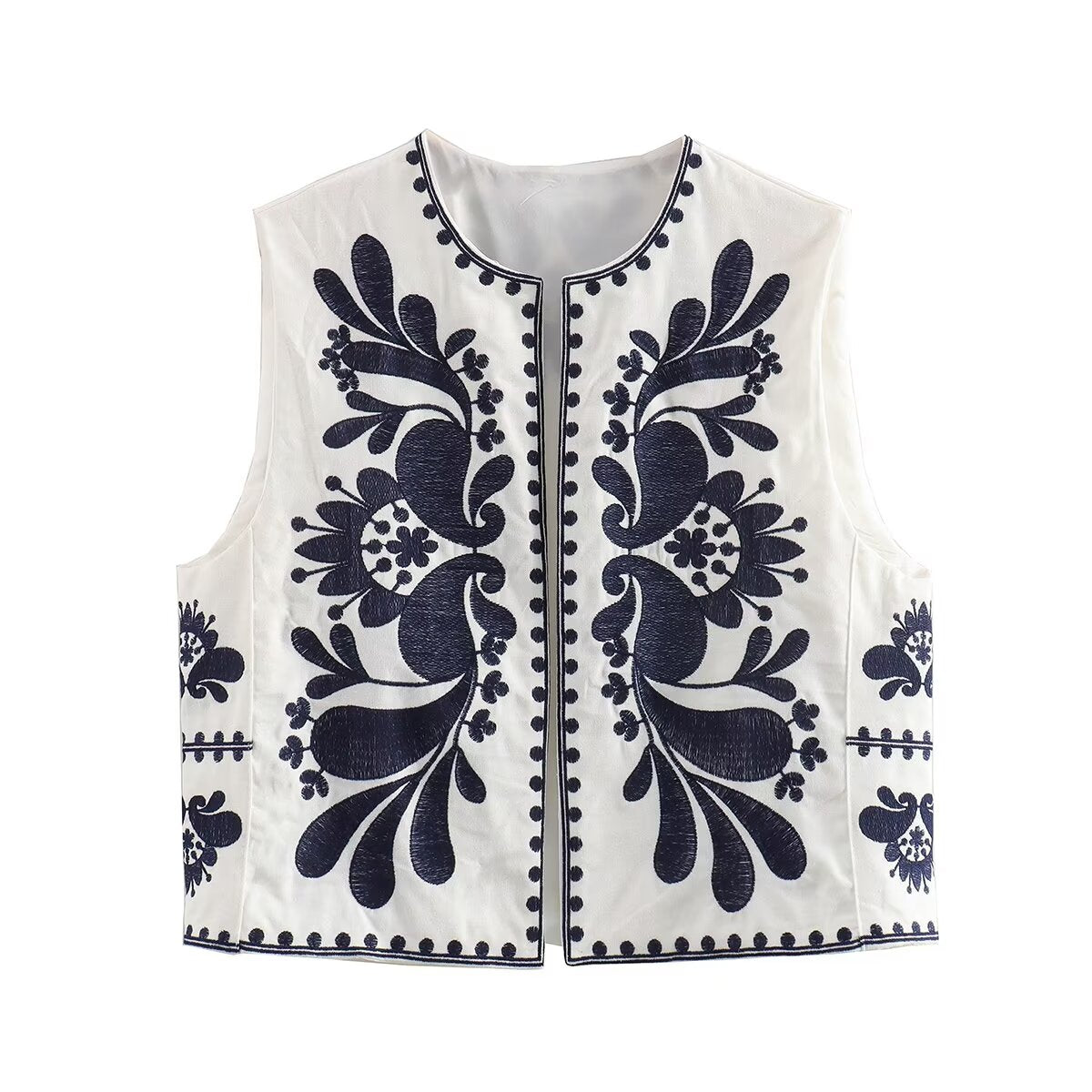 Dark blue and embroidered