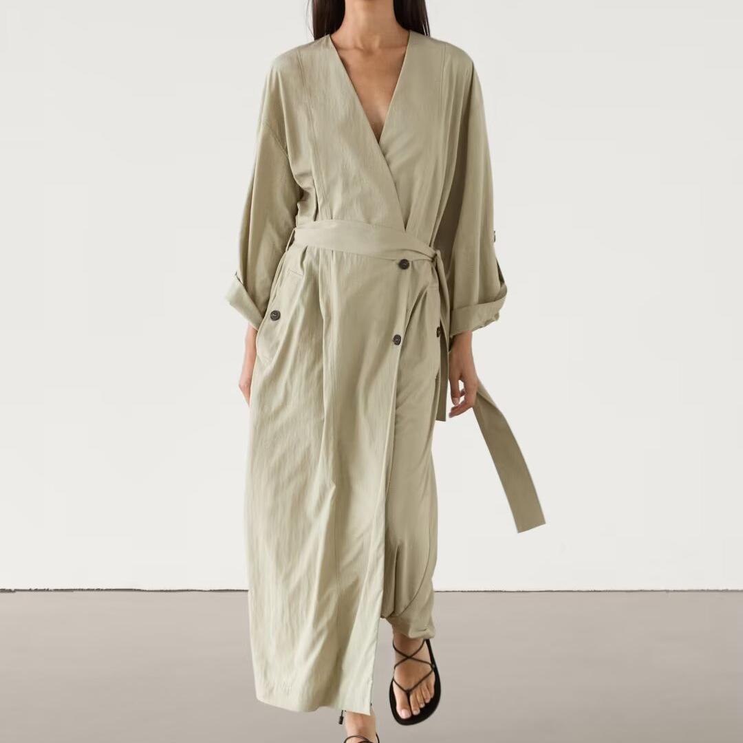 V Neck Lace Up Trench Coat