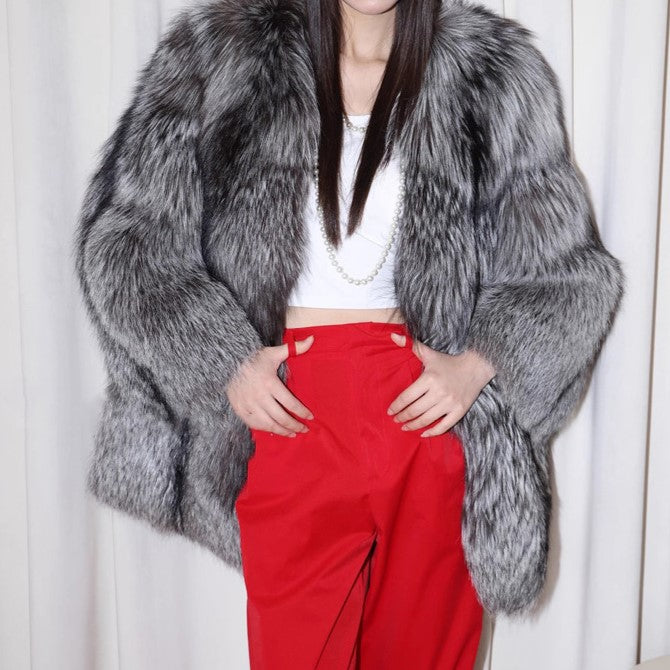 Silver Fox Fur Mid-Length Trench Coat