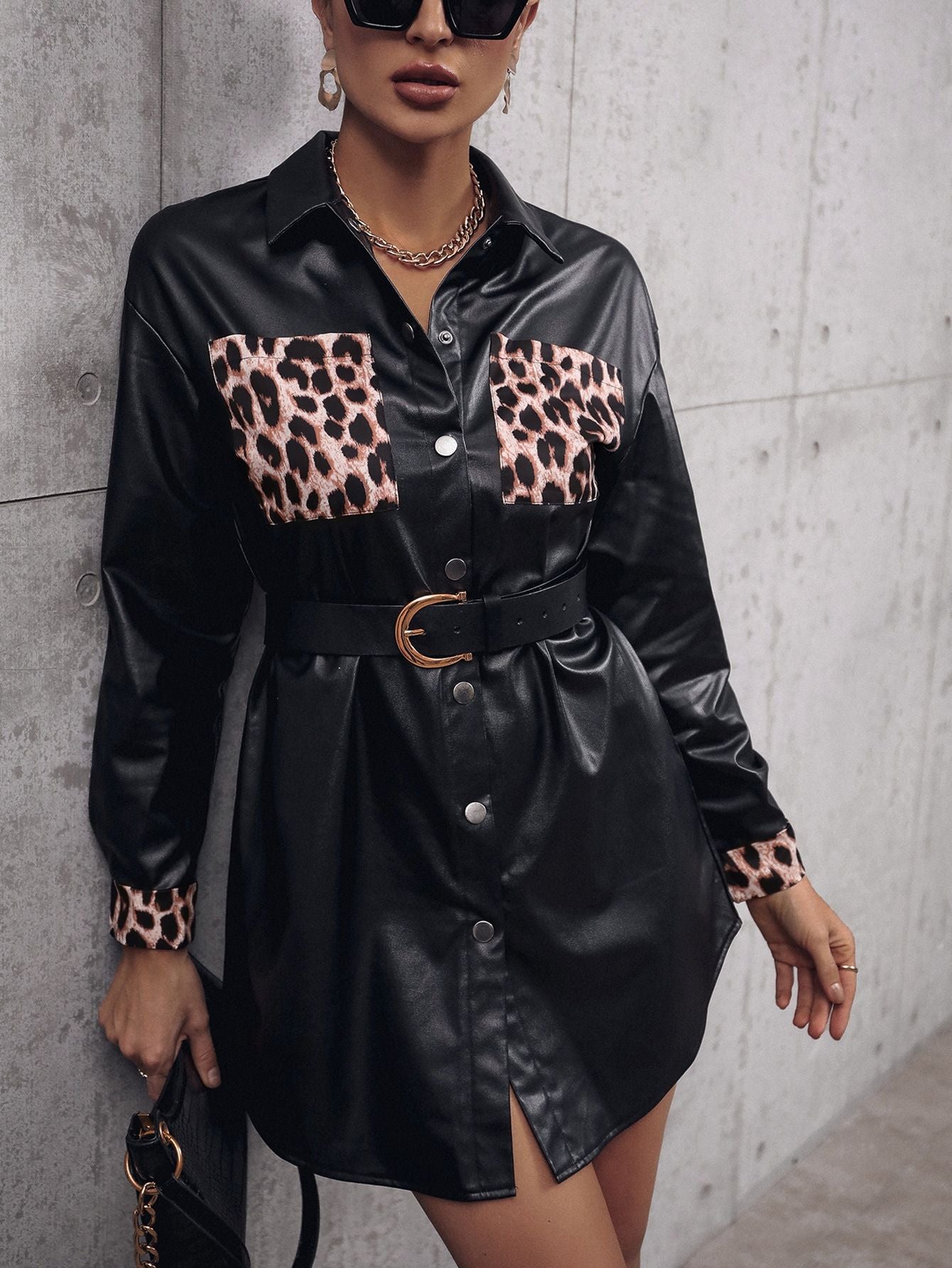 Faux Leather Leopard Trench Coat