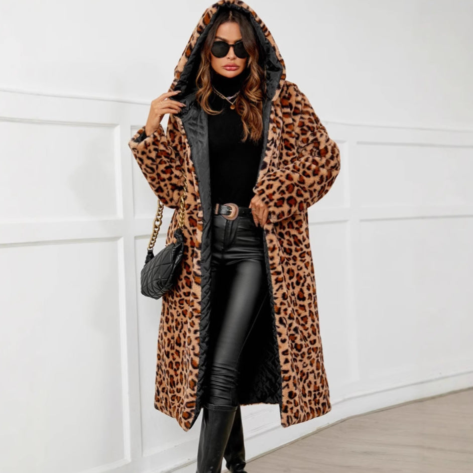 Leopard Print Faux Fur Hooded Coat