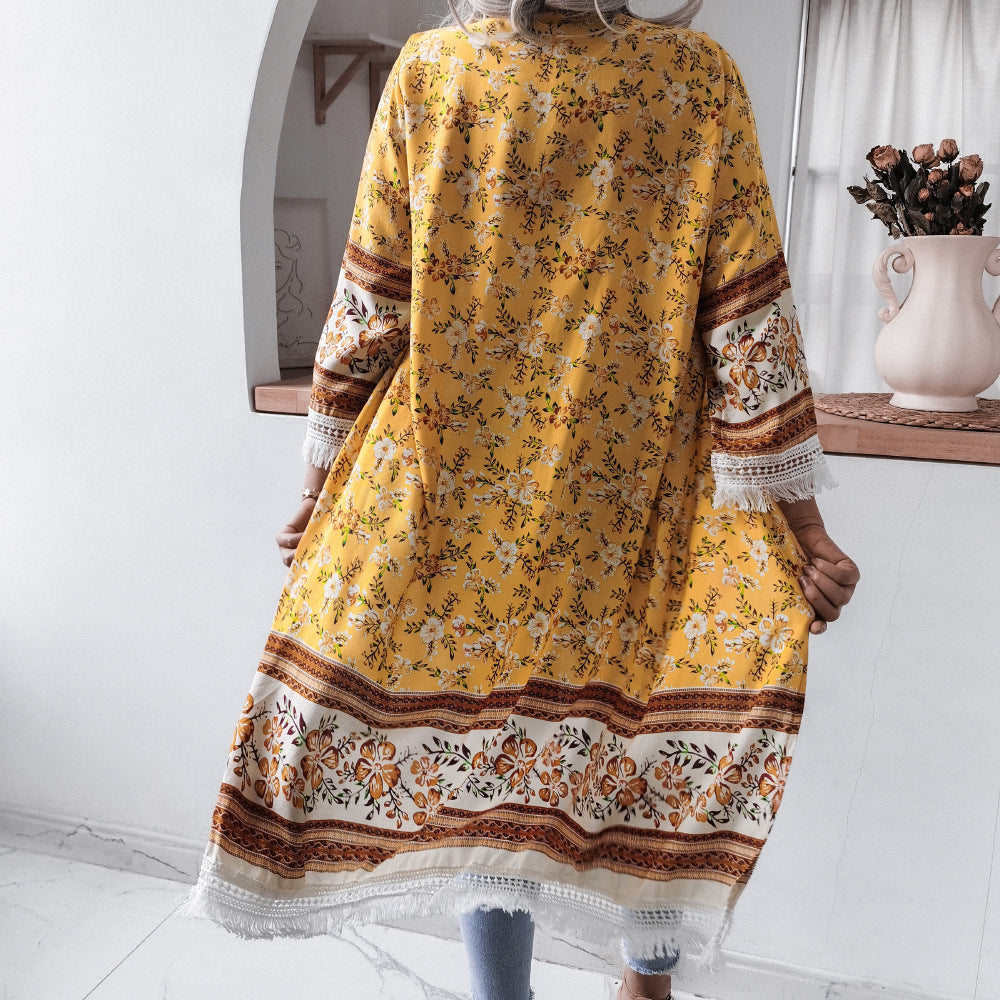 Rayon Floral Bell Sleeve Shirt Cover Up