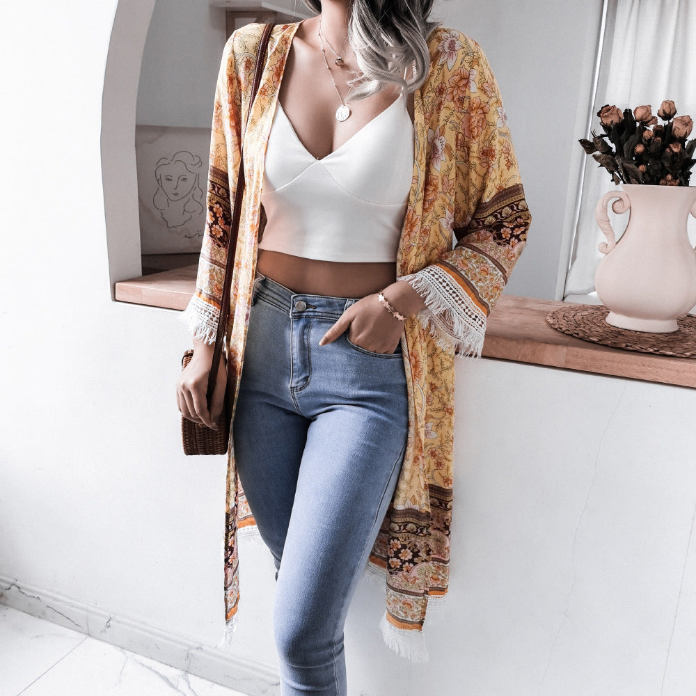Rayon Floral Bell Sleeve Shirt Cover Up