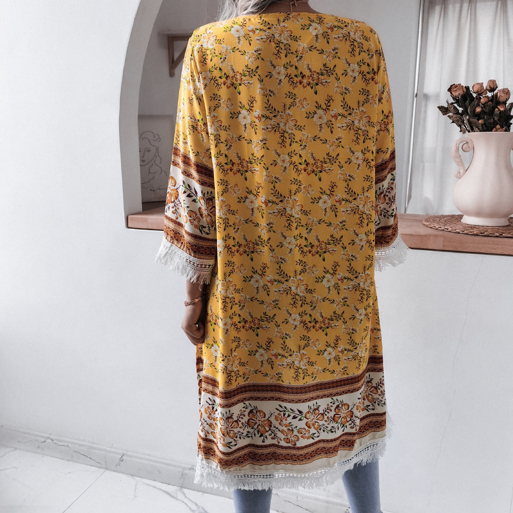 Rayon Floral Bell Sleeve Shirt Cover Up