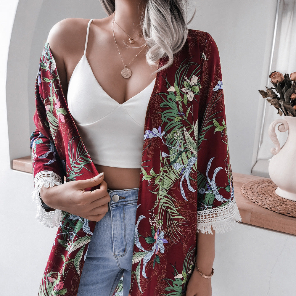 Rayon Floral Bell Sleeve Shirt Cover Up