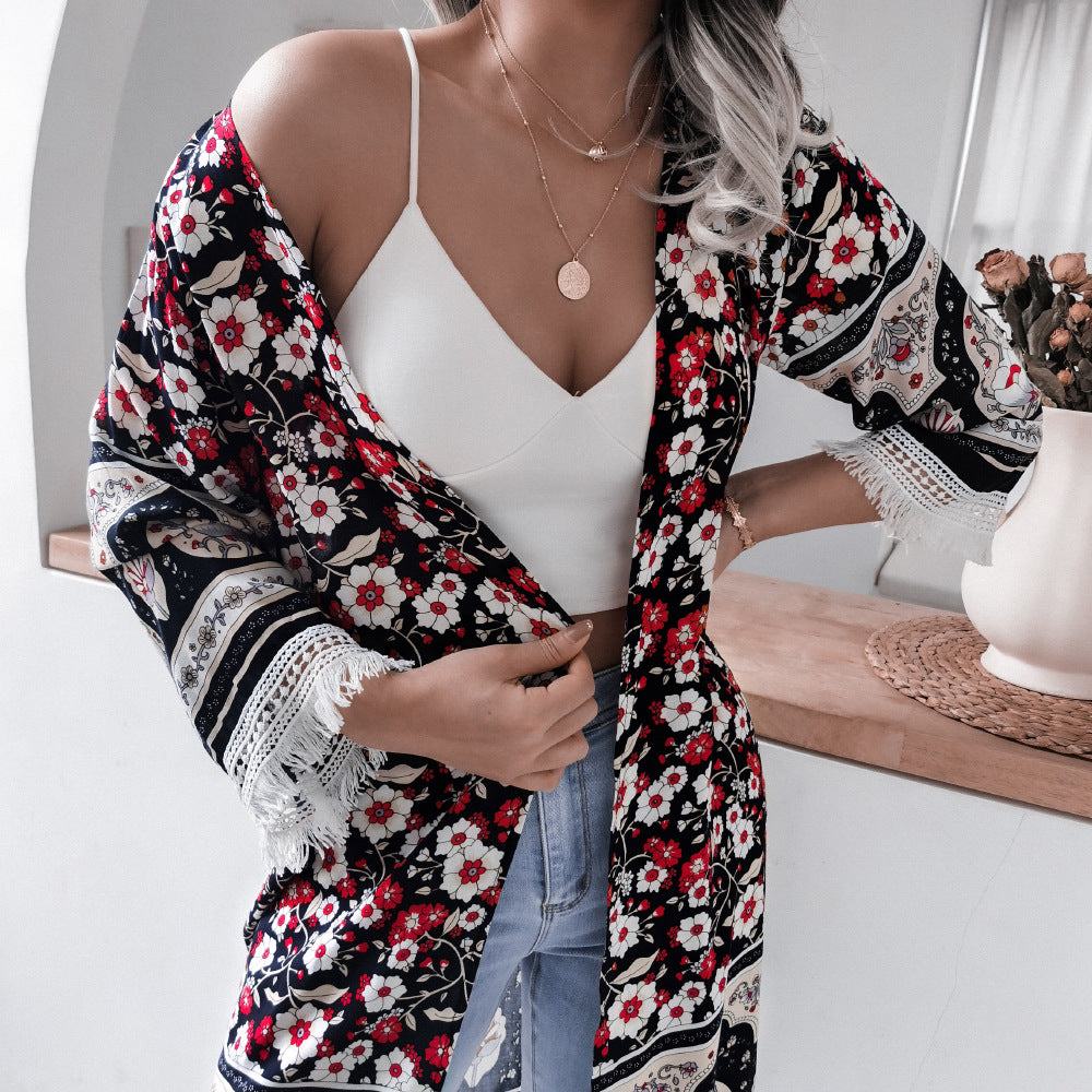 Rayon Floral Bell Sleeve Shirt Cover Up
