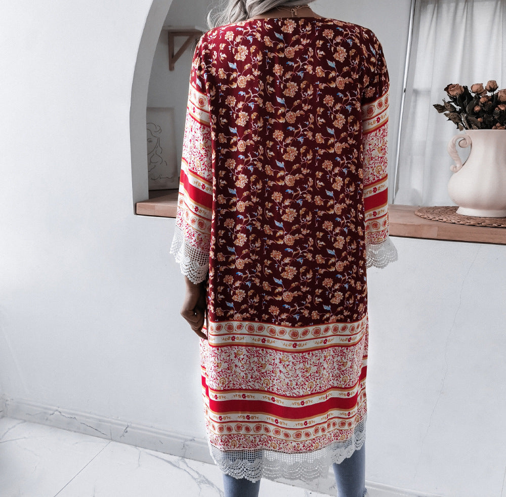 Rayon Floral Bell Sleeve Shirt Cover Up