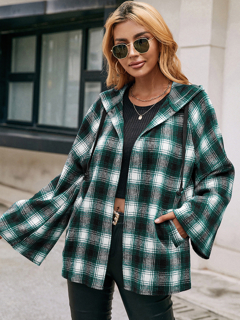 Checked Plaid Hooded Shirt Jacket