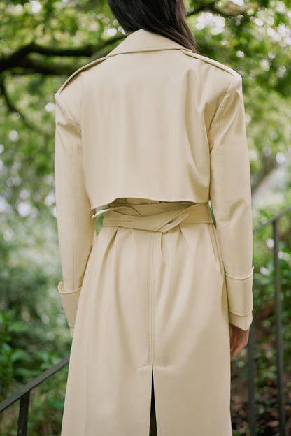 Faux Leather Belt Windbreaker Trench Coat