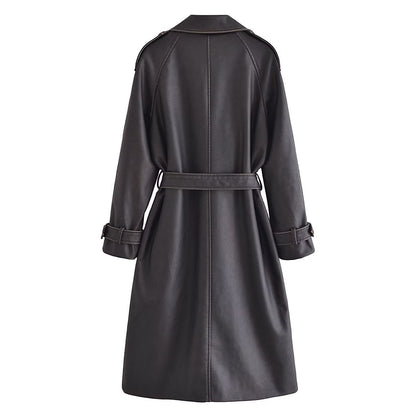 Faux Leather Distressed Trench Coat