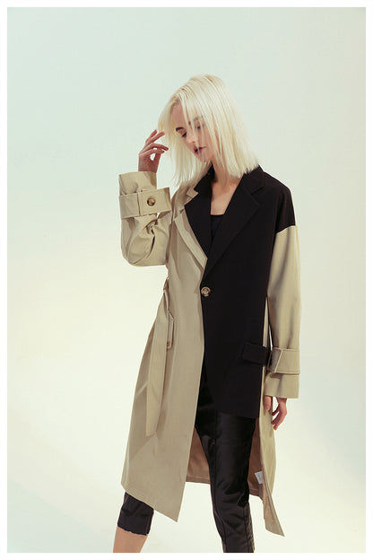 Patchwork Asymmetric Trench Coat Blazer