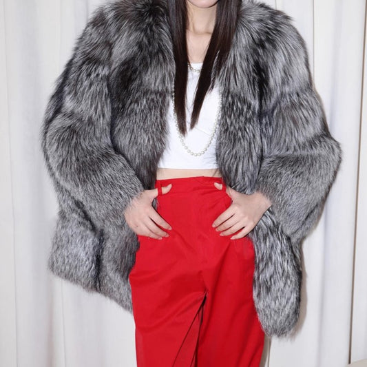 Silver Fox Fur Mid-Length Trench Coat