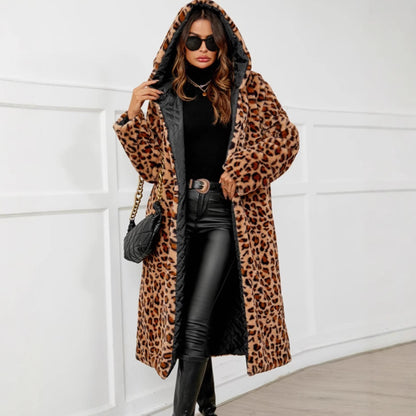 Leopard Print Faux Fur Hooded Coat