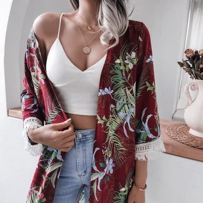 Rayon Floral Bell Sleeve Shirt Cover Up