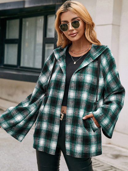 Checked Plaid Hooded Shirt Jacket