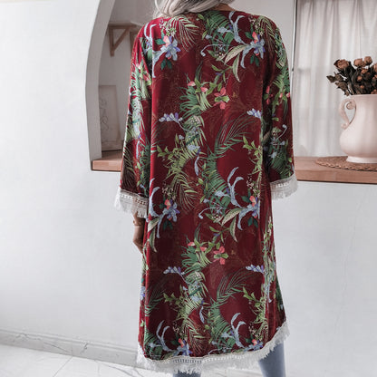 Rayon Floral Bell Sleeve Shirt Cover Up