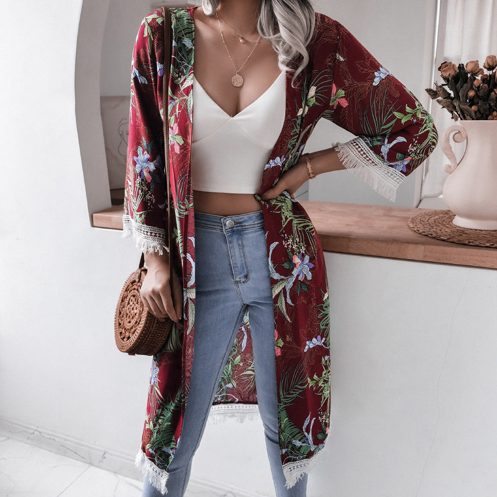 Rayon Floral Bell Sleeve Shirt Cover Up