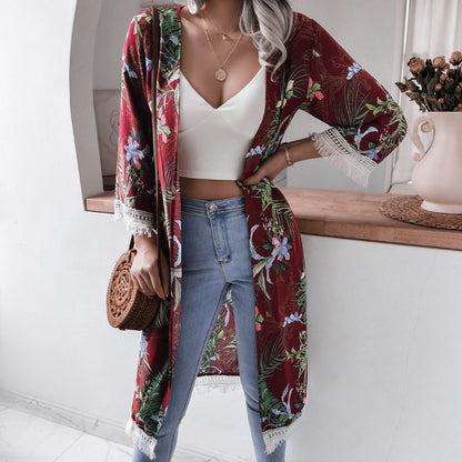 Rayon Floral Bell Sleeve Shirt Cover Up